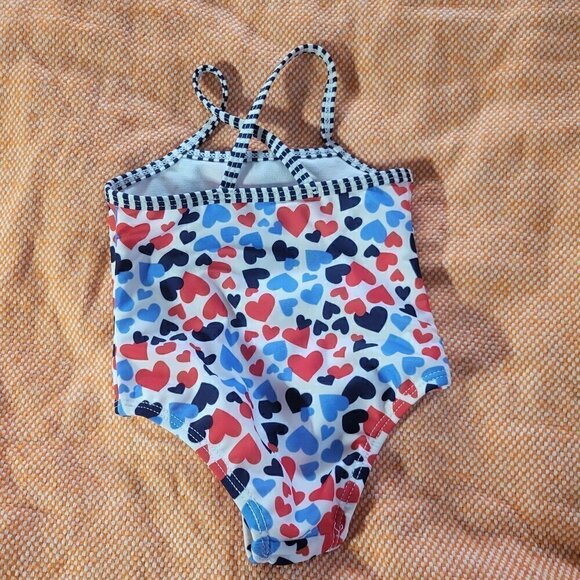 LikeNew Healthtex Red White And Blue Hearts One Piece Swimsuit Girls 0-3 Months - Picture 2 of 5